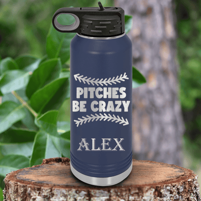 Navy Baseball Water Bottle With Unpredictable Pitches Design