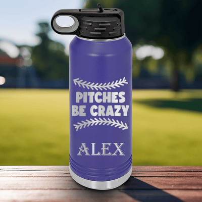 Purple Baseball Water Bottle With Unpredictable Pitches Design