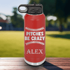 Red Baseball Water Bottle With Unpredictable Pitches Design