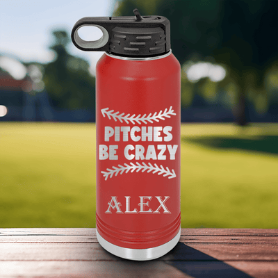 Red Baseball Water Bottle With Unpredictable Pitches Design