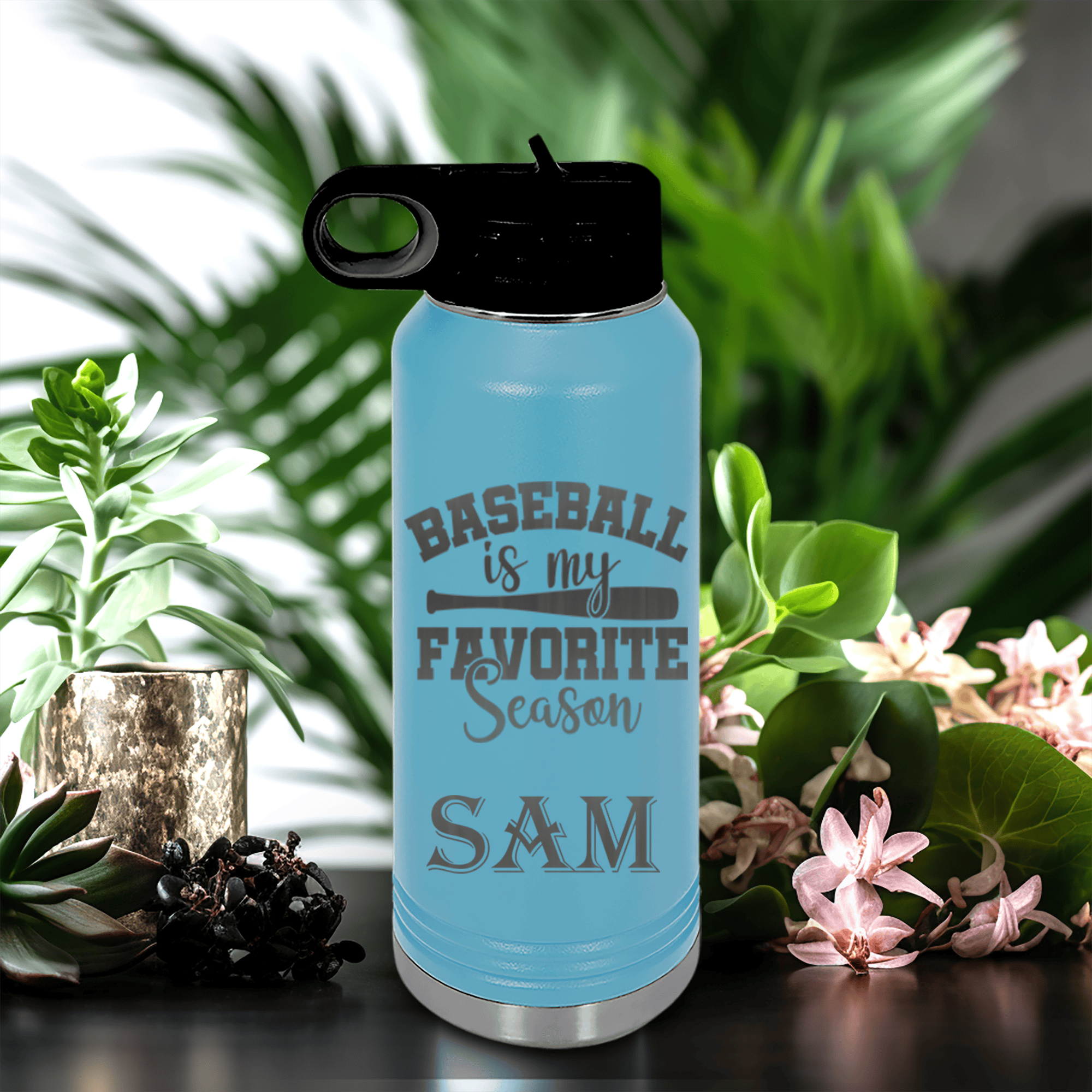 Light Blue Baseball Water Bottle With When Bats Swing Hearts Sing Design