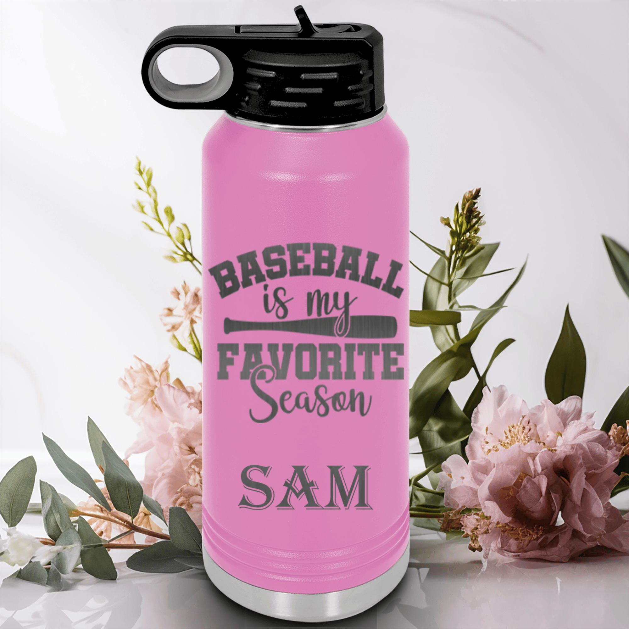 Light Purple Baseball Water Bottle With When Bats Swing Hearts Sing Design