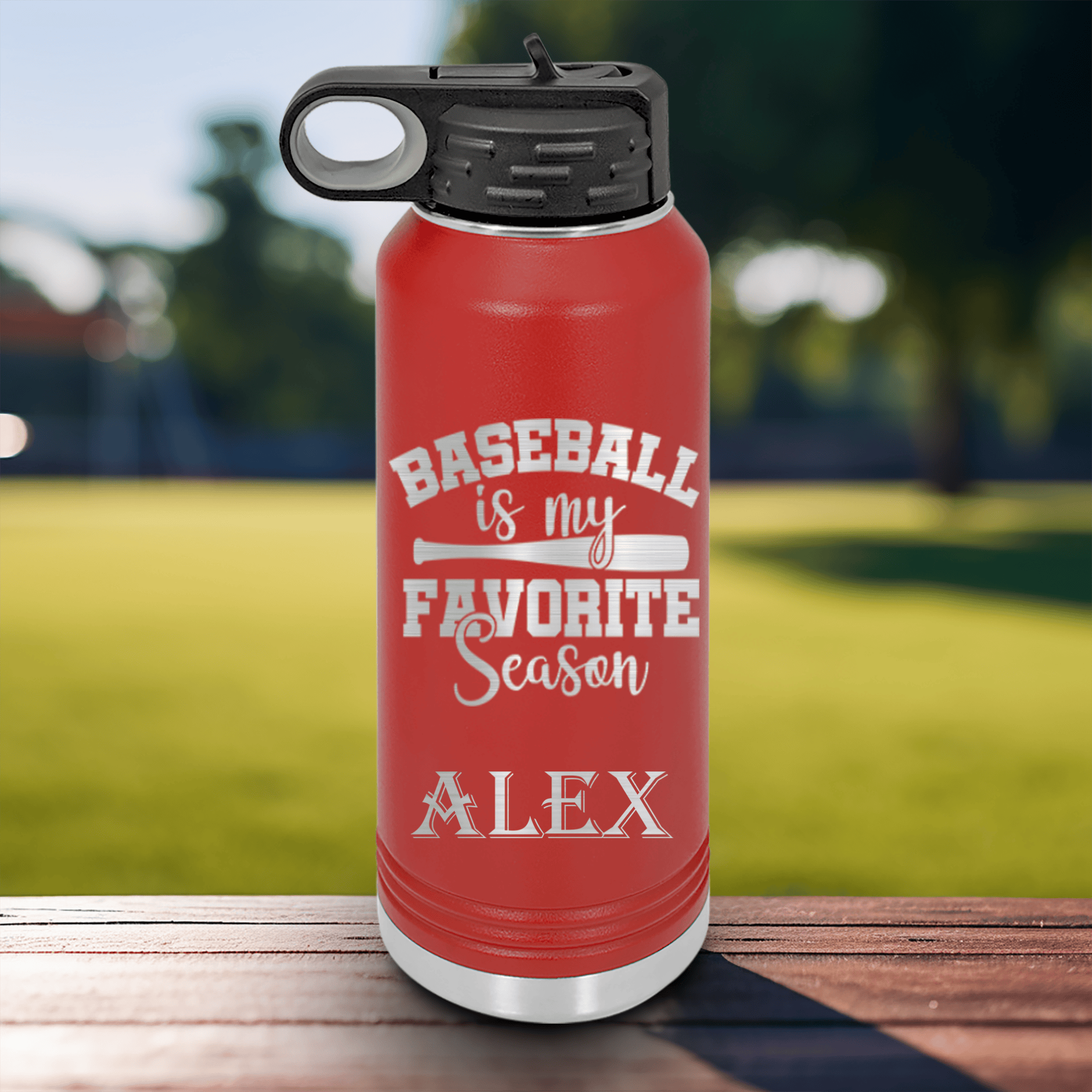 Red Baseball Water Bottle With When Bats Swing Hearts Sing Design
