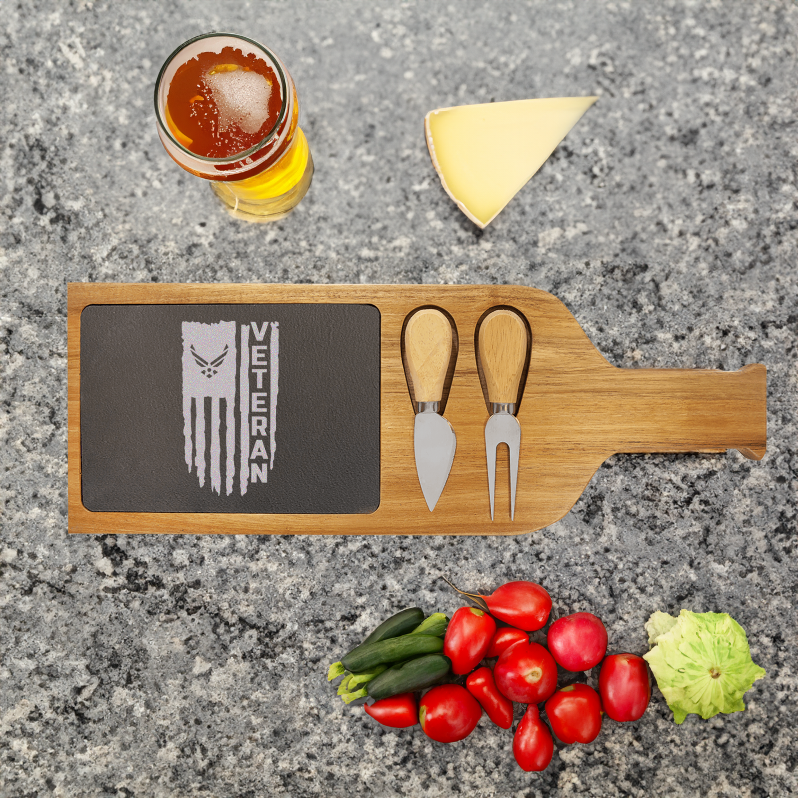 Airforce Veteran Flag Wood Slate Serving Tray With Handle