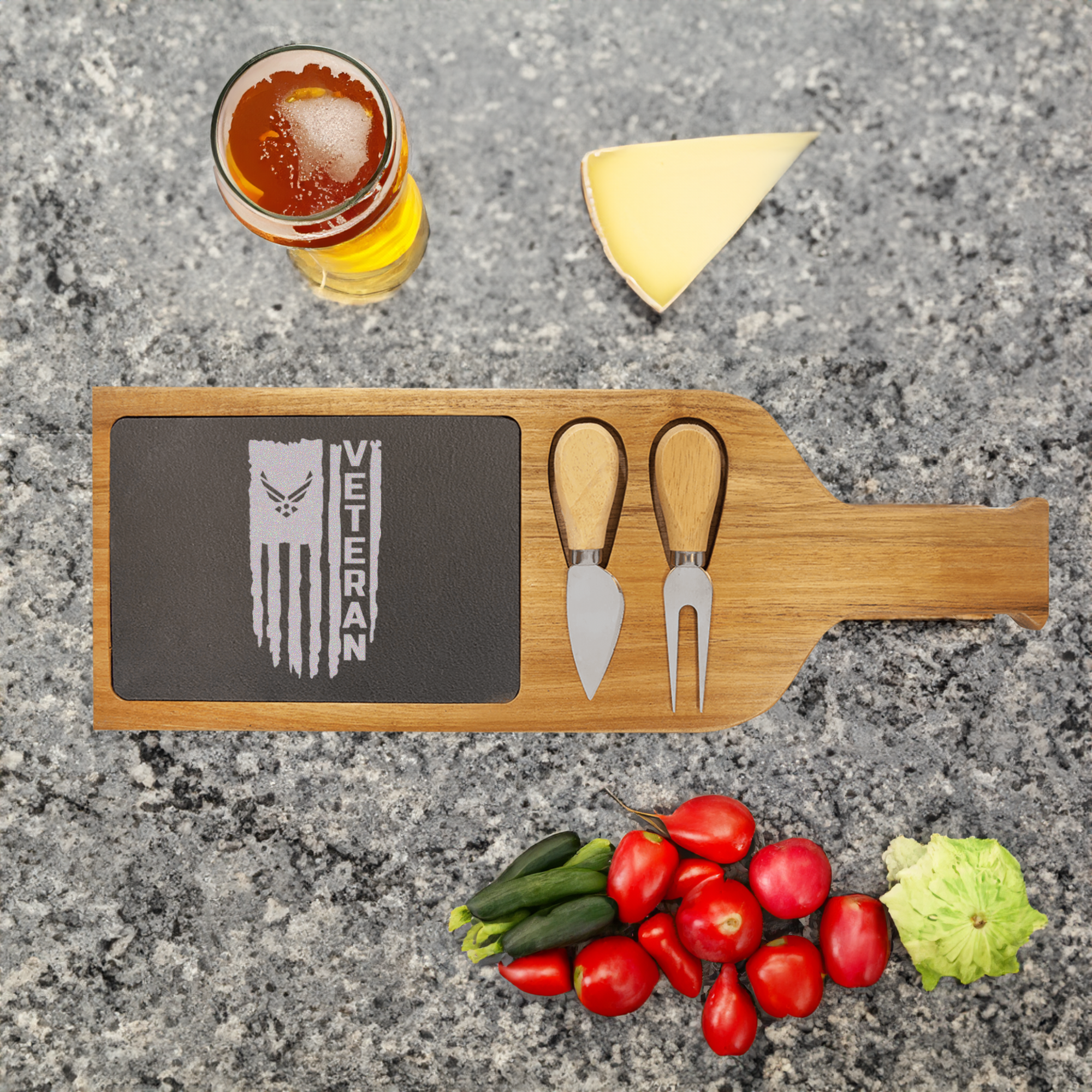 Airforce Veteran Flag Wood Slate Serving Tray With Handle