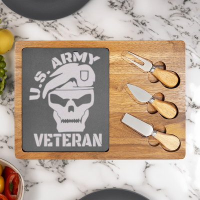 Army Veteran Skull Wood Slate Serving Tray