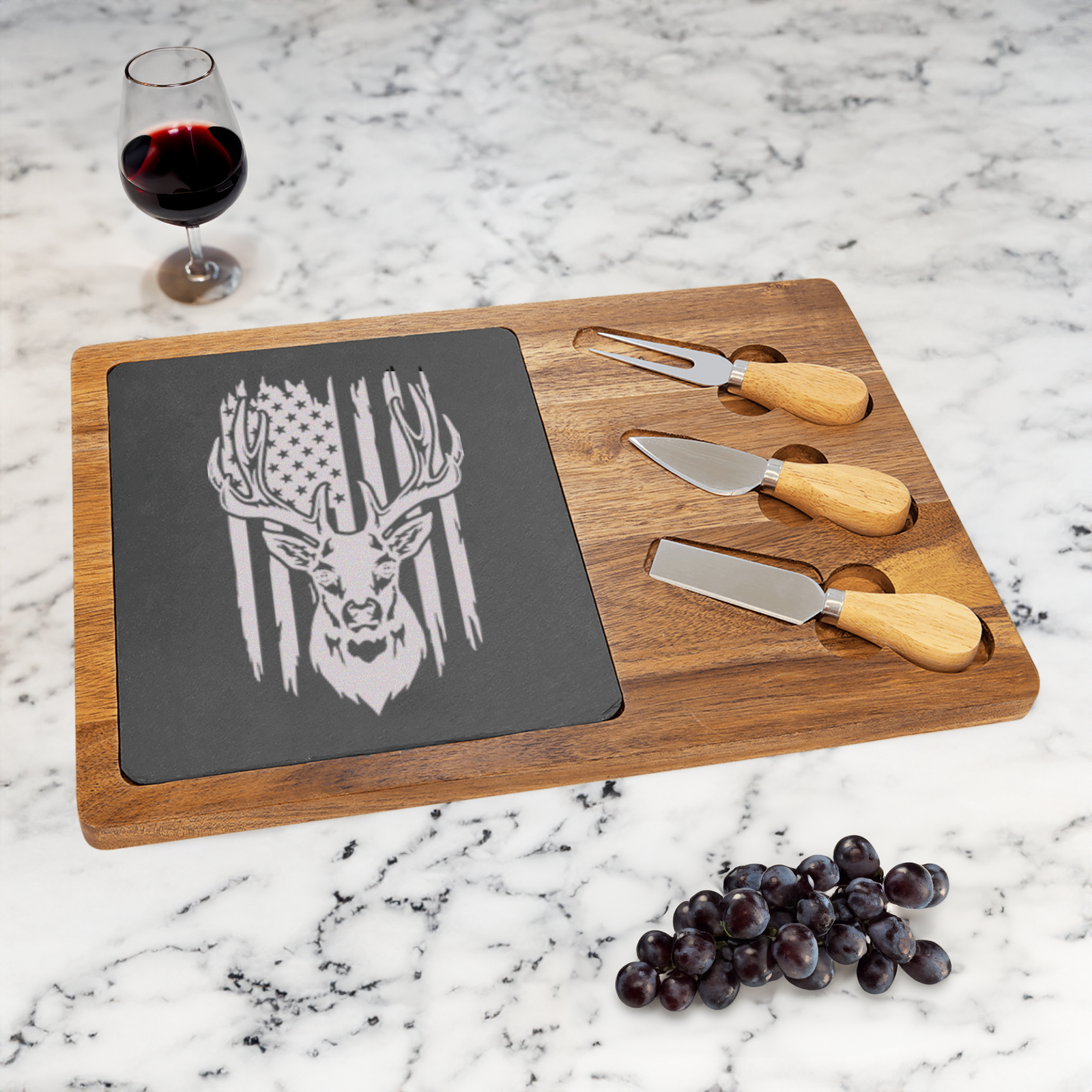 Deer Torn American Flag Wood Slate Serving Tray