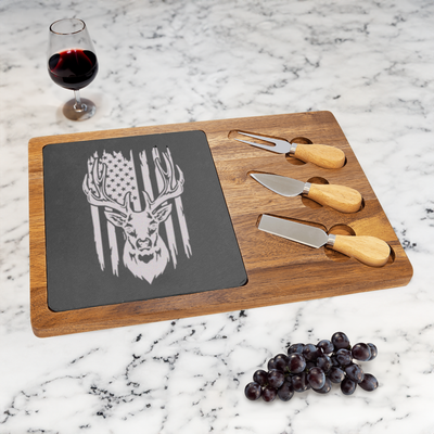 Deer Torn American Flag Wood Slate Serving Tray