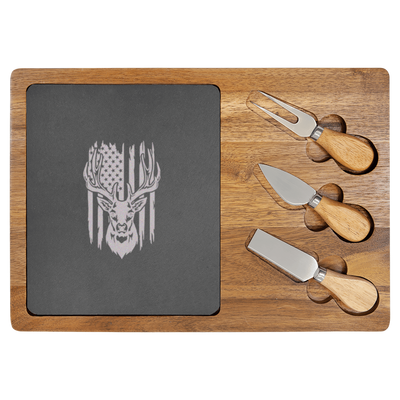 Deer Torn American Flag Wood Slate Serving Tray