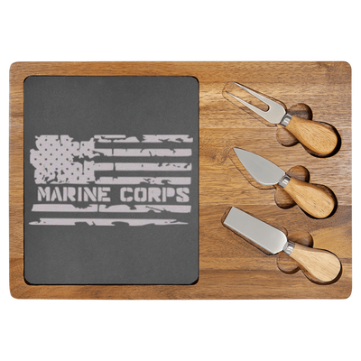 Marine Corps American Flag Wood Slate Serving Tray