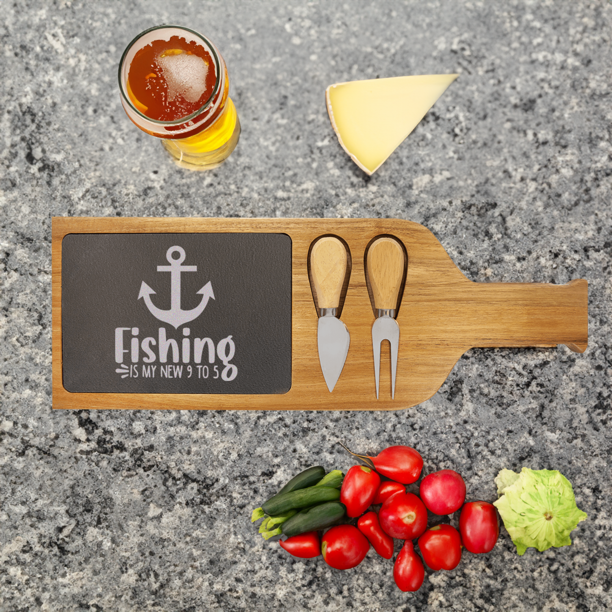 Retired And Gone Fishing Wood Slate Serving Tray With Handle