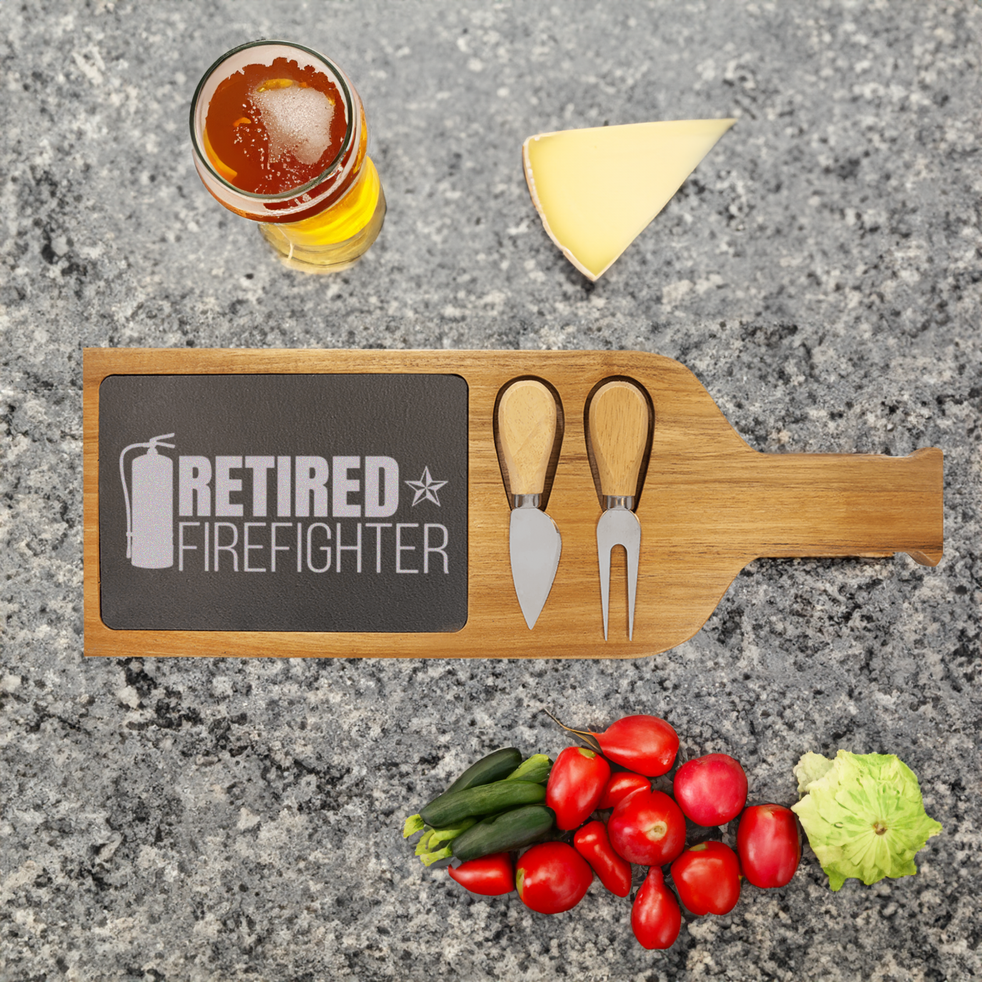 Retired Firefighter Wood Slate Serving Tray With Handle