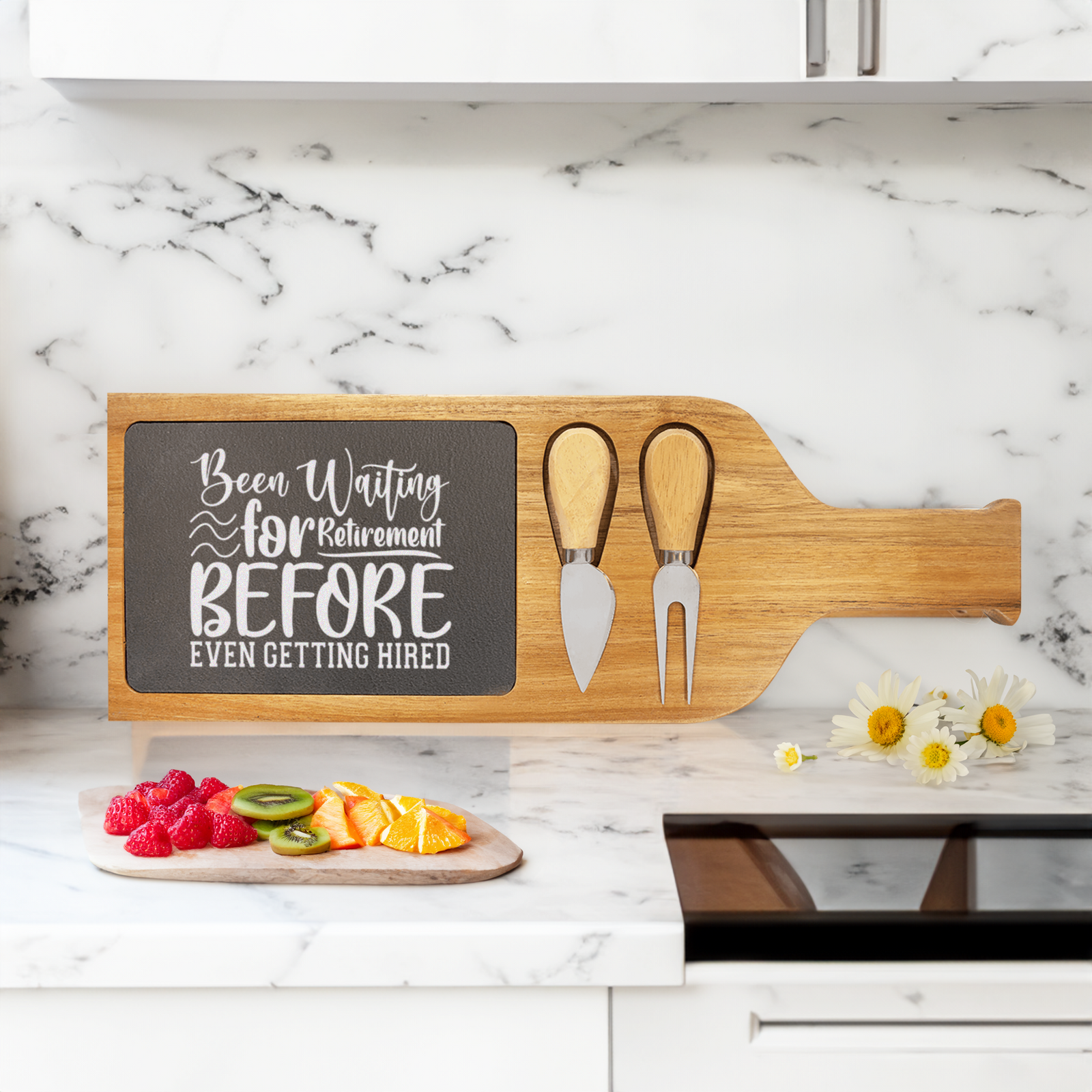 Retired Since Hired Wood Slate Serving Tray With Handle