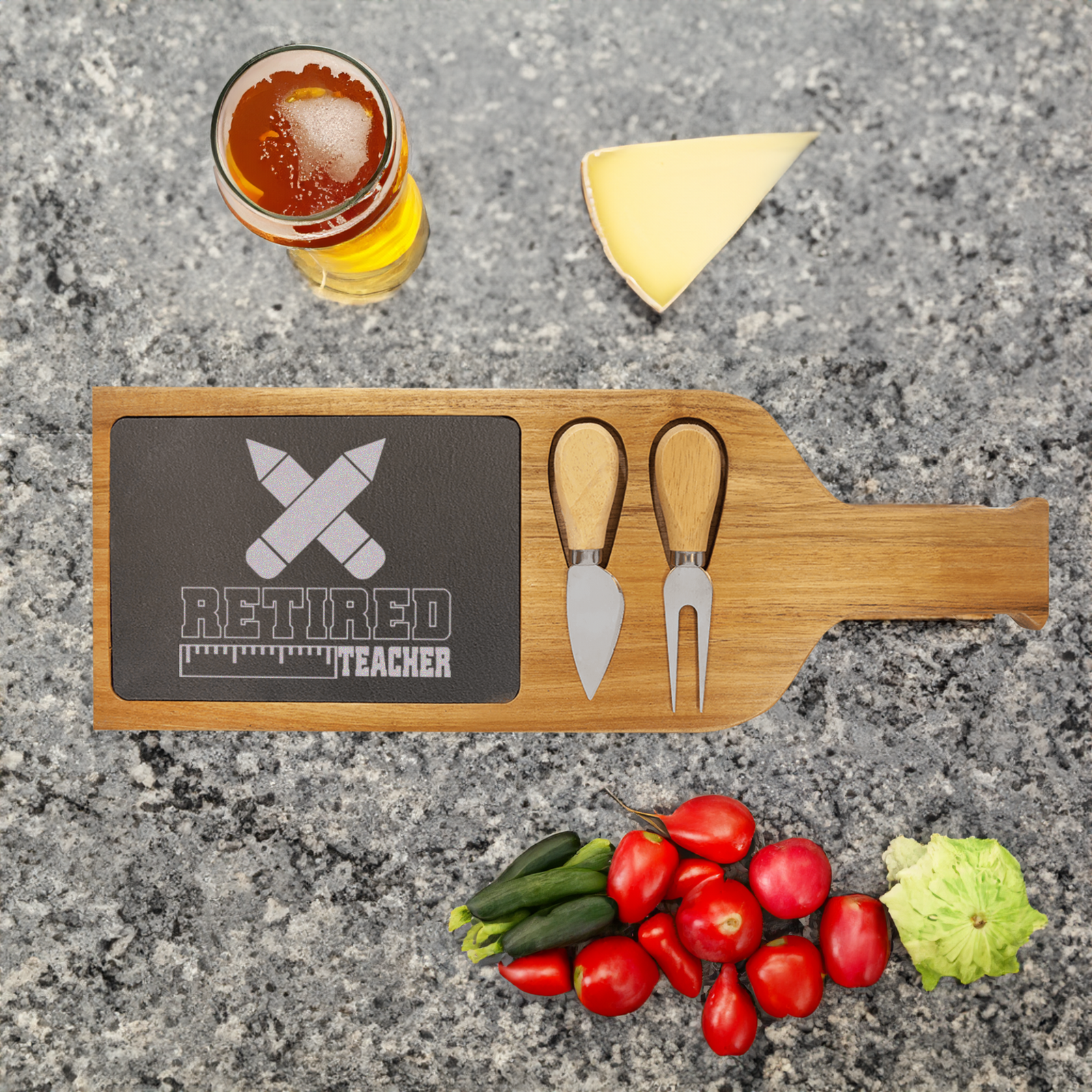 Retired Teacher Wood Slate Serving Tray With Handle