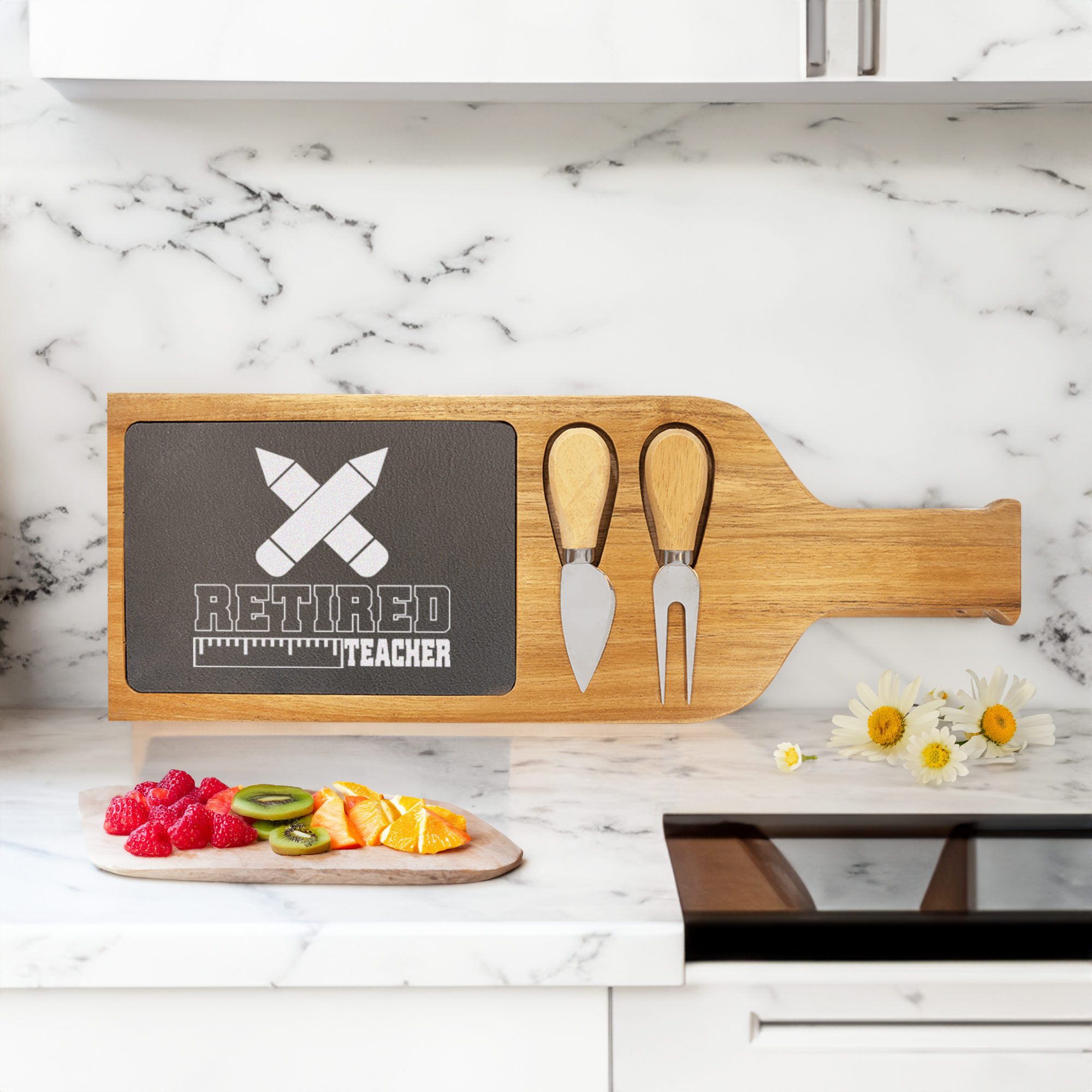 Retired Teacher Wood Slate Serving Tray With Handle