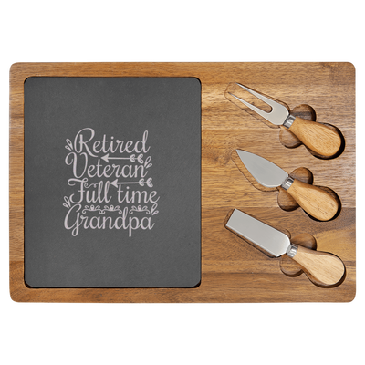 Retired Veteran Full Time Grandpa Wood Slate Serving Tray