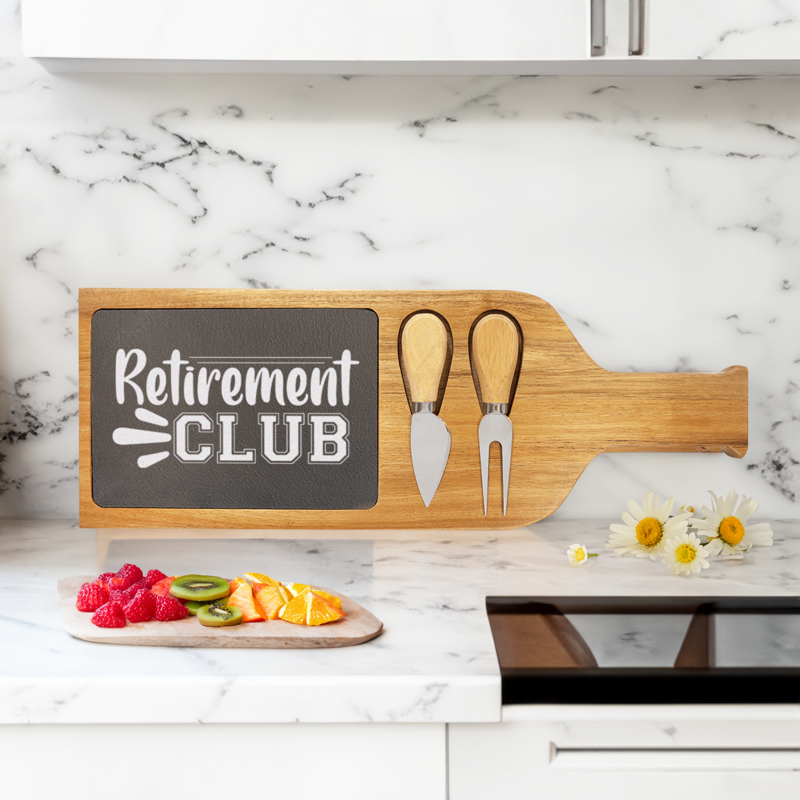Retirement Club Wood Slate Serving Tray With Handle