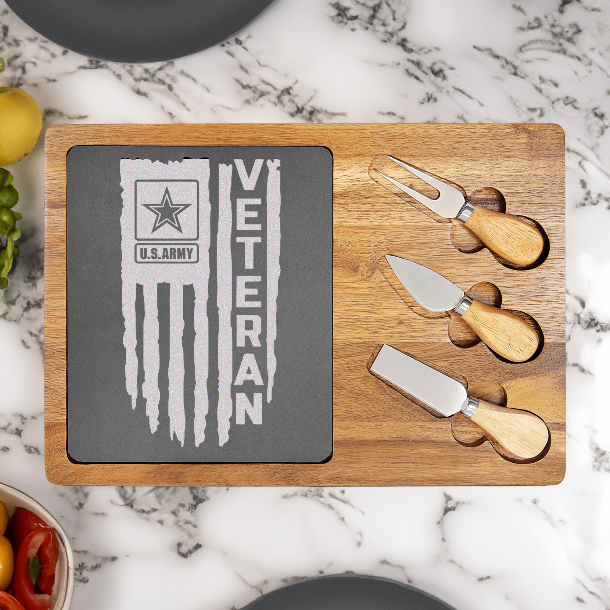 US Army Flag Veteran Wood Slate Serving Tray