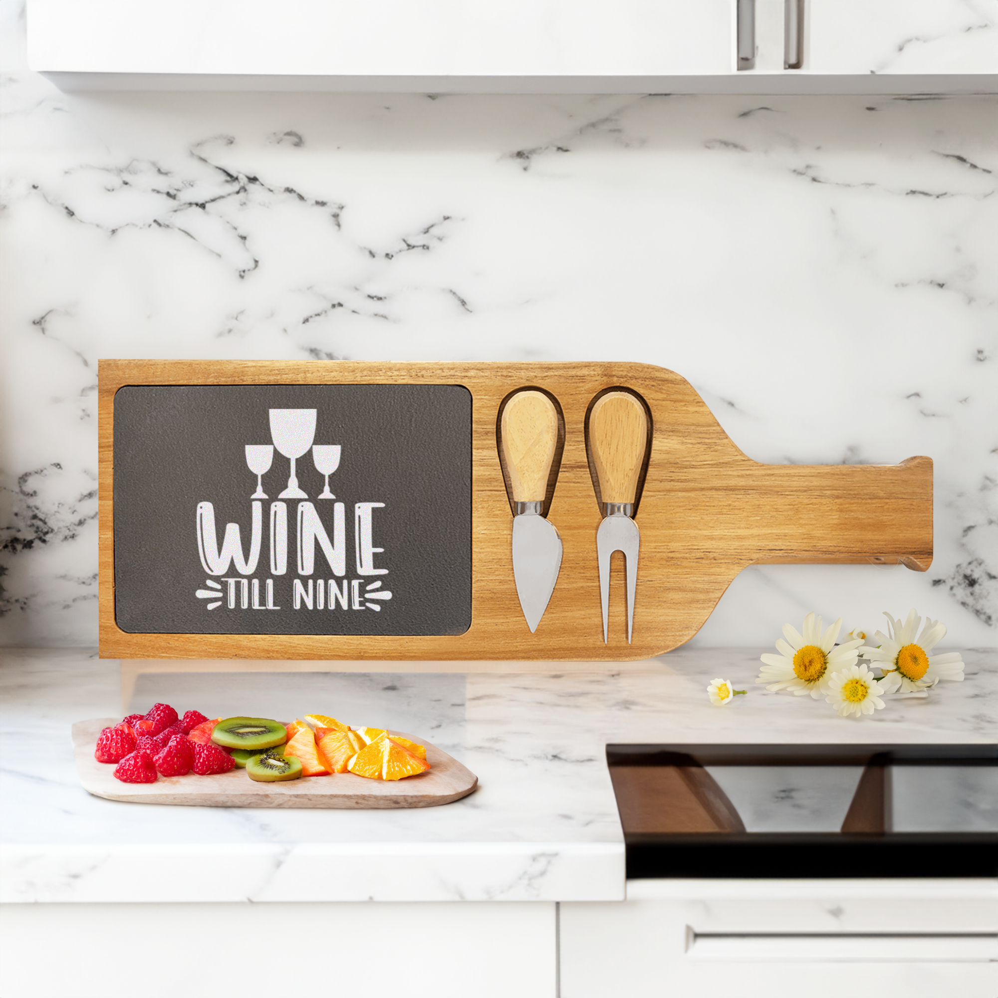 Wine Till Nine Wood Slate Serving Tray With Handle